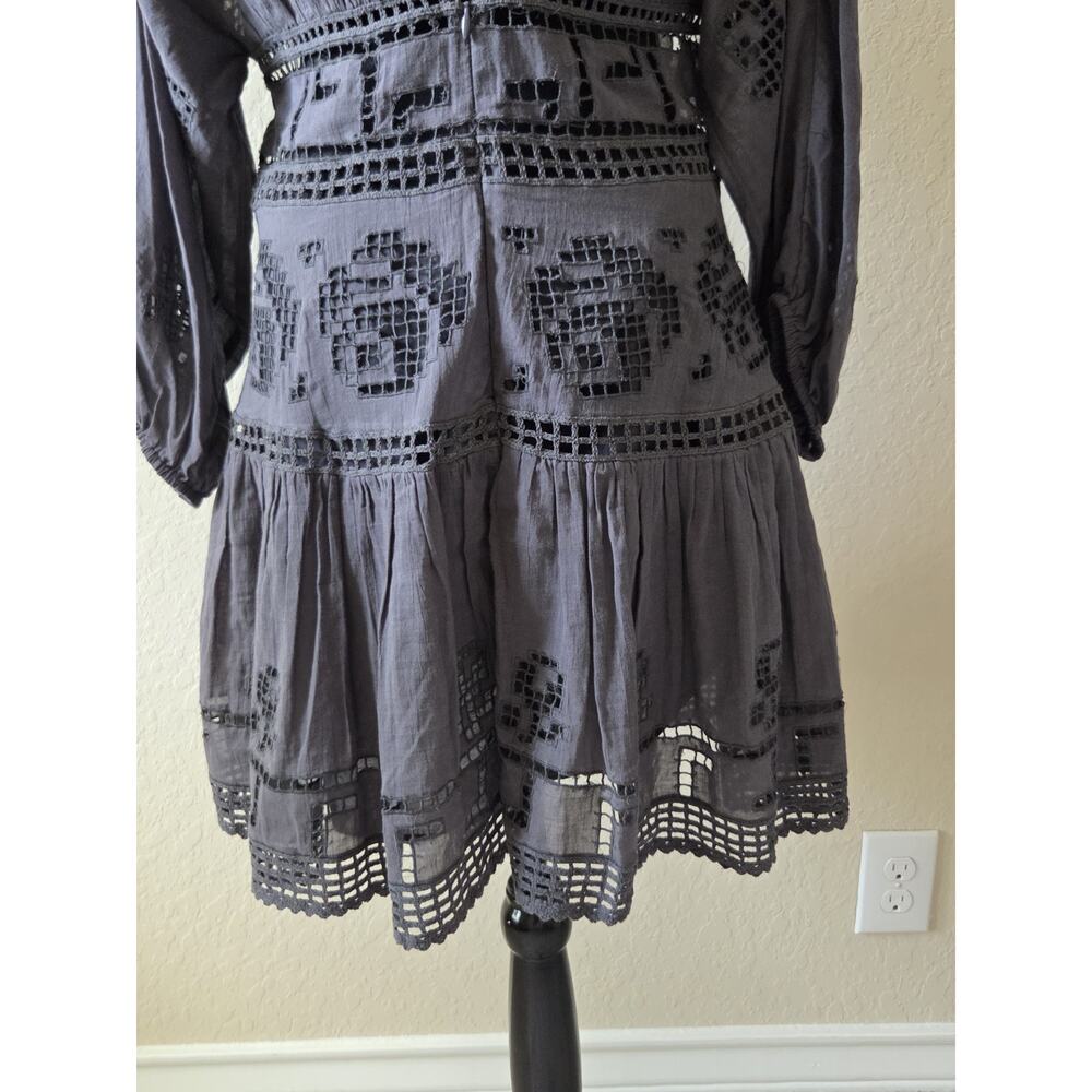 Free People Gray Boho Mini Dress M-L Crochet Lace Cutout Plunge Peasant Tunic - Picture 4 of 5